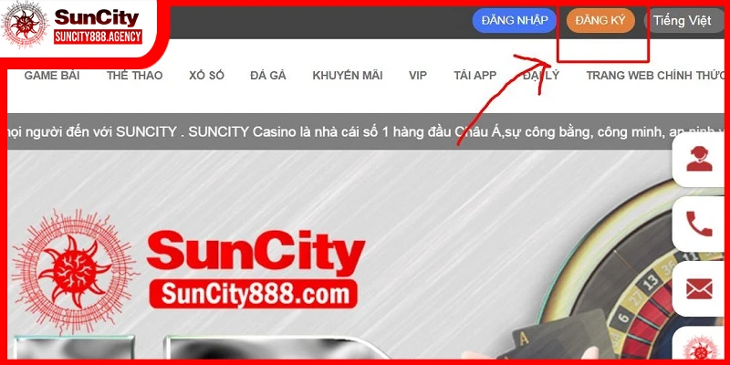 Bấm vào ô “Đăng ký” để bắt đầu thực hiện mở tài khoản Suncity